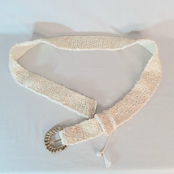 Boho Hancrafted Crochet Cream Belt XL Waist Statement Buckle Beige Net Covering - Picture 5 of 10